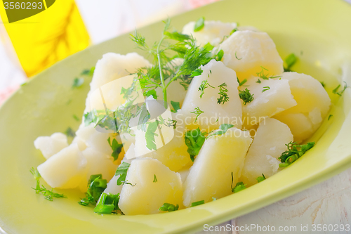 Image of boiled potato with greens in the green plate