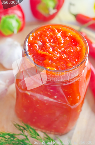 Image of Fresh chilli sauce in the glass bank