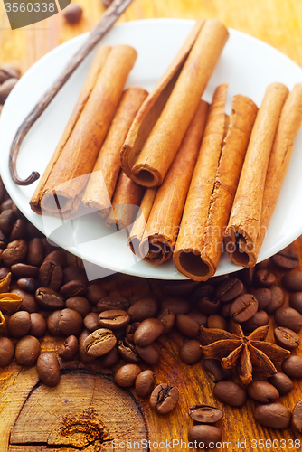 Image of cinnamon and coffee on the white plate