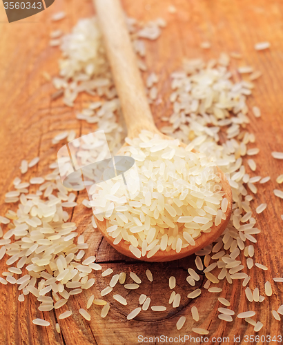 Image of raw rice in the wooden spoon