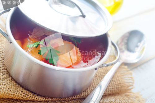 Image of Delicious veal stew soup with meat and vegetables 