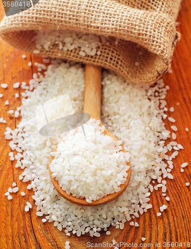 Image of raw rice in the wooden spoon