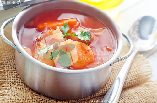 Image of Delicious veal stew soup with meat and vegetables 