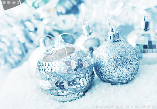 Image of Christmas balls, Silver balls, Christmas decoration on the light