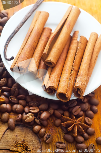 Image of cinnamon and coffee on the white plate