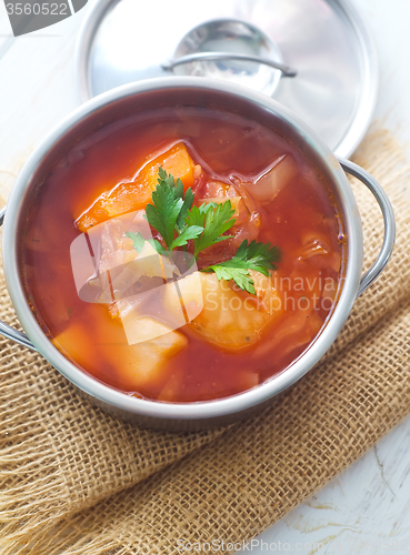 Image of Delicious veal stew soup with meat and vegetables 
