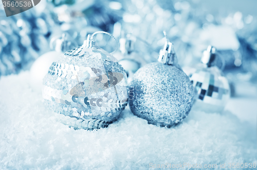 Image of Christmas balls, Silver balls, Christmas decoration on the light