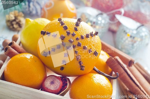 Image of Fresh oranges and cinnamon for christmas