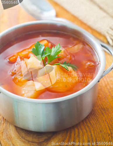 Image of Delicious veal stew soup with meat and vegetables 