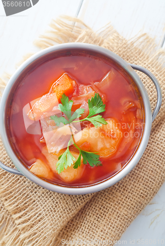 Image of Delicious veal stew soup with meat and vegetables 