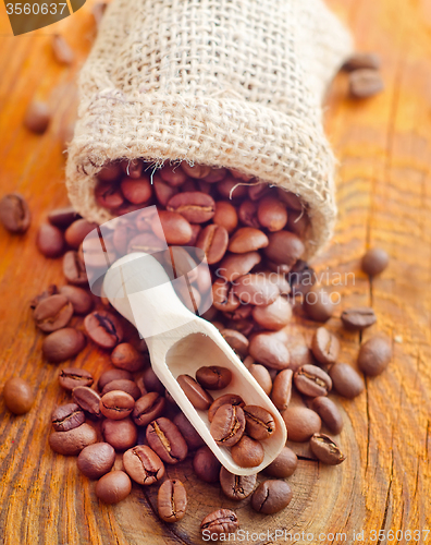 Image of Aroma coffee in the sack on the wooden board