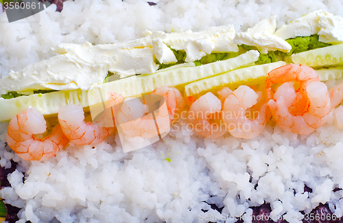 Image of Fresh ingredients for sushi, rice and shrimps