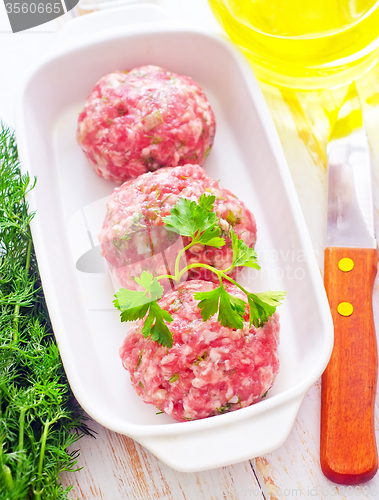 Image of Raw meat balls in the white bowl