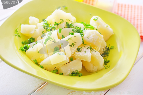 Image of boiled potato with greens in the green plate