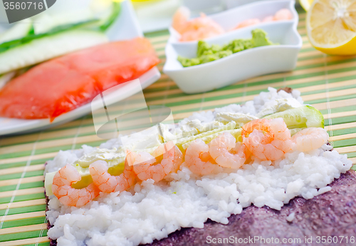 Image of Fresh ingredients for sushi, rice and shrimps