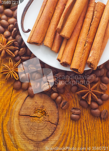 Image of cinnamon and coffee on the white plate