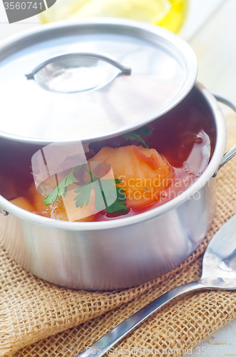 Image of Delicious veal stew soup with meat and vegetables 