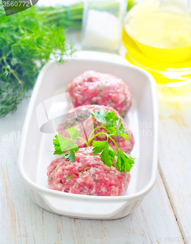 Image of Raw meat balls in the white bowl