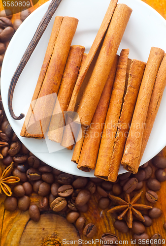 Image of cinnamon and coffee on the white plate