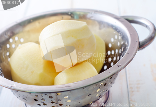 Image of raw potato in the metal bowl