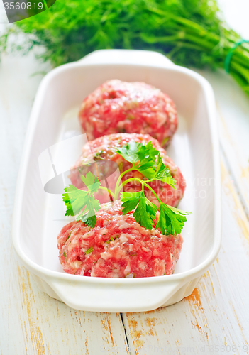 Image of Raw meat balls in the white bowl