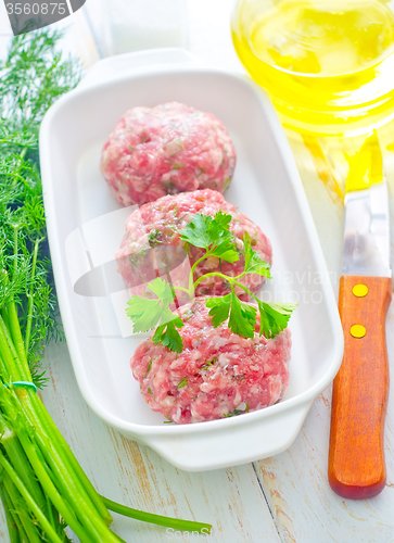 Image of Raw meat balls in the white bowl