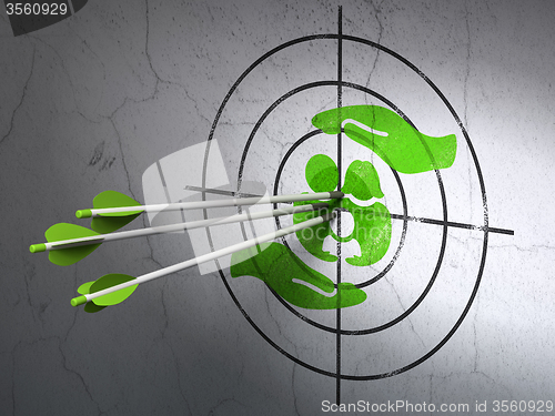 Image of Insurance concept: arrows in Family And Palm target on wall background