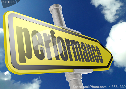 Image of Yellow road sign with performance word under blue sky