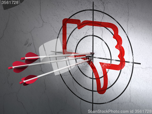 Image of Social media concept: arrows in Thumb Down target on wall background