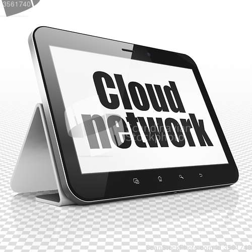Image of Cloud technology concept: Tablet Computer with Cloud Network on display