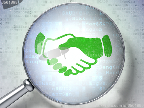 Image of Finance concept: Handshake with optical glass on digital background