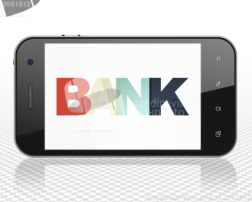 Image of Money concept: Smartphone with Bank on  display