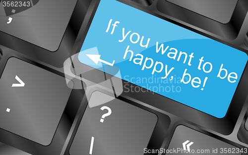 Image of If you want to be happy - be. Computer keyboard keys with quote button. Inspirational motivational quote. Simple trendy design