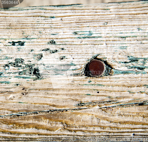 Image of metal nail dirty stripped paint in the brown   red wood door and