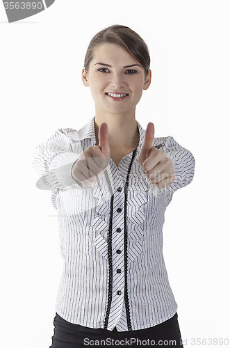 Image of Portrait of a Happy Woman with Thumbs-up