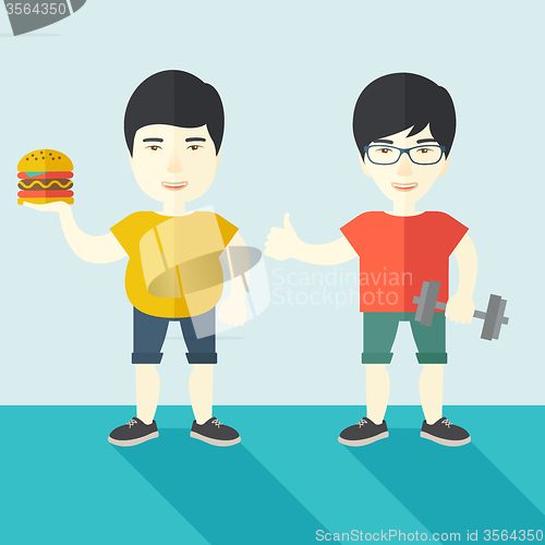 Image of Men standing with hamburger and dumbbell.