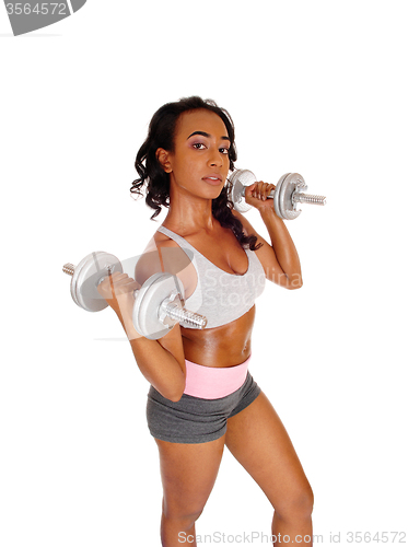 Image of Young lady exercising with dumbbell\'s.