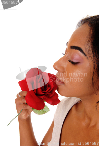 Image of Portrait of african american woman with rose.