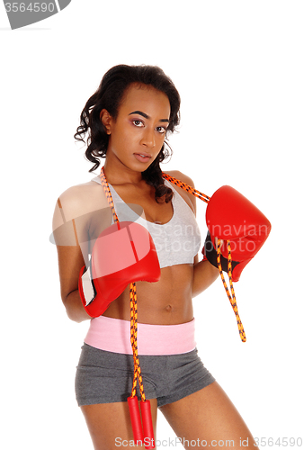Image of Athletic woman with rope, wearing boxing gloves.