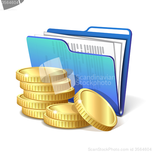 Image of Stack of gold coins next to folder with documents