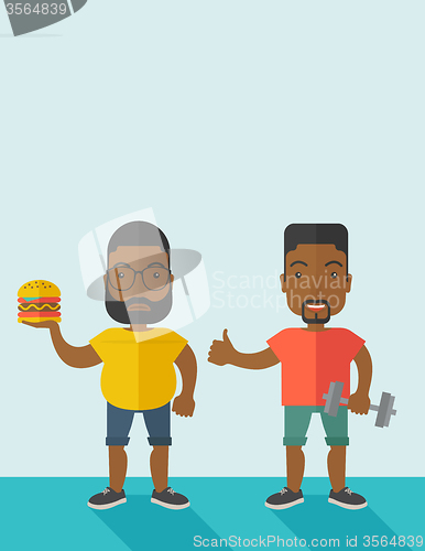 Image of Men standing with hamburger and dumbbell.