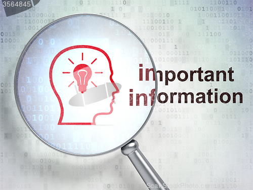 Image of Information concept: Head With Lightbulb and Important Information with optical glass