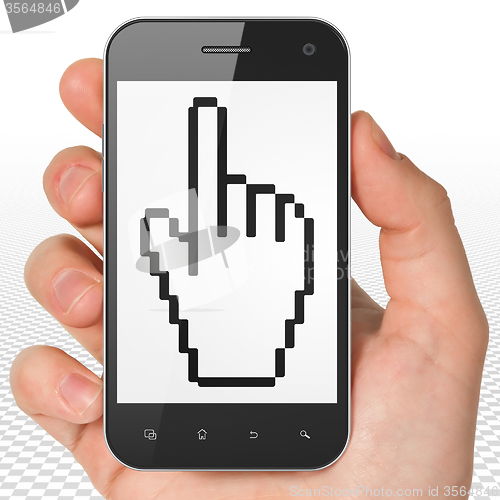 Image of Web design concept: Hand Holding Smartphone with Mouse Cursor on display