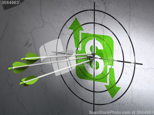 Image of Business concept: arrows in Finance target on wall background