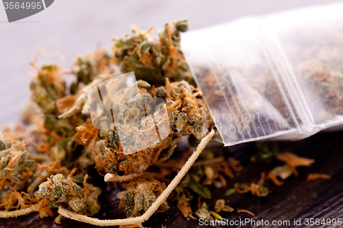 Image of Close up Dried Marijuana Leaves on the Table