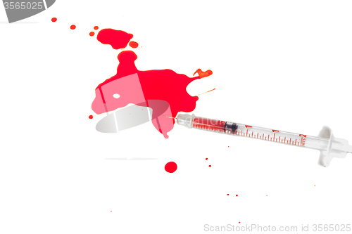 Image of Syringe Squirting Red Blood onto White Background