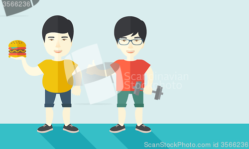 Image of Men standing with hamburger and dumbbell.