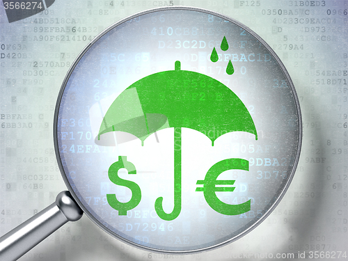 Image of Security concept: Money And Umbrella with optical glass on digital background