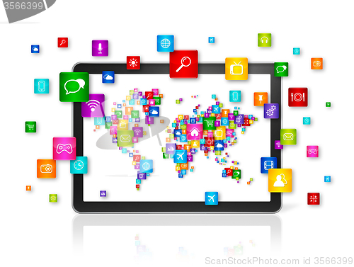 Image of World map made of icons on Tablet PC. Cloud computing concept