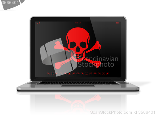 Image of Laptop with a pirate symbol on screen. Hacker concept